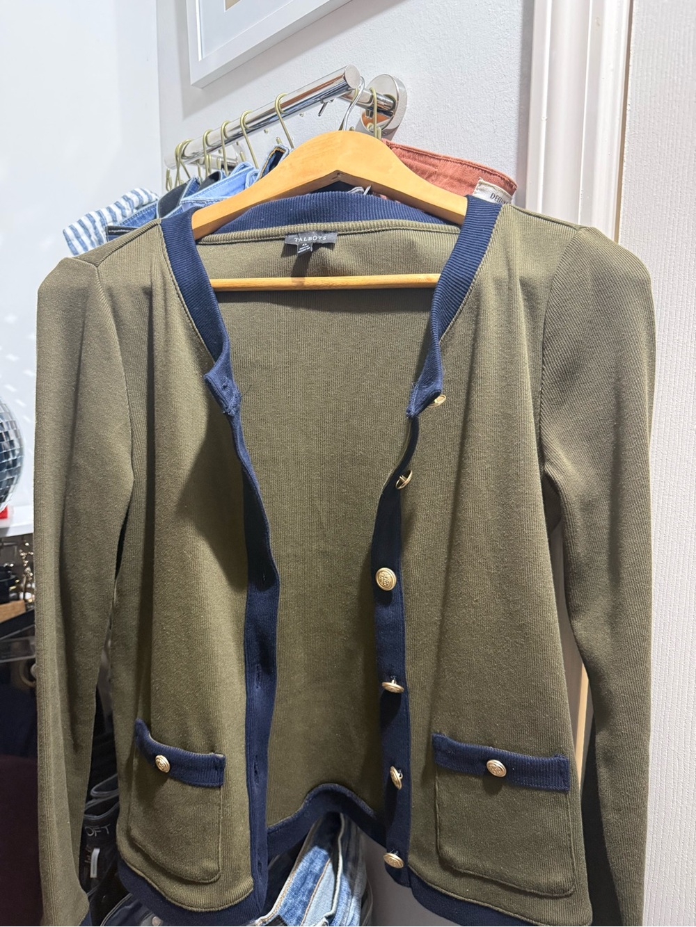 Talbots Olive Green Knit Blazer with Navy Trim